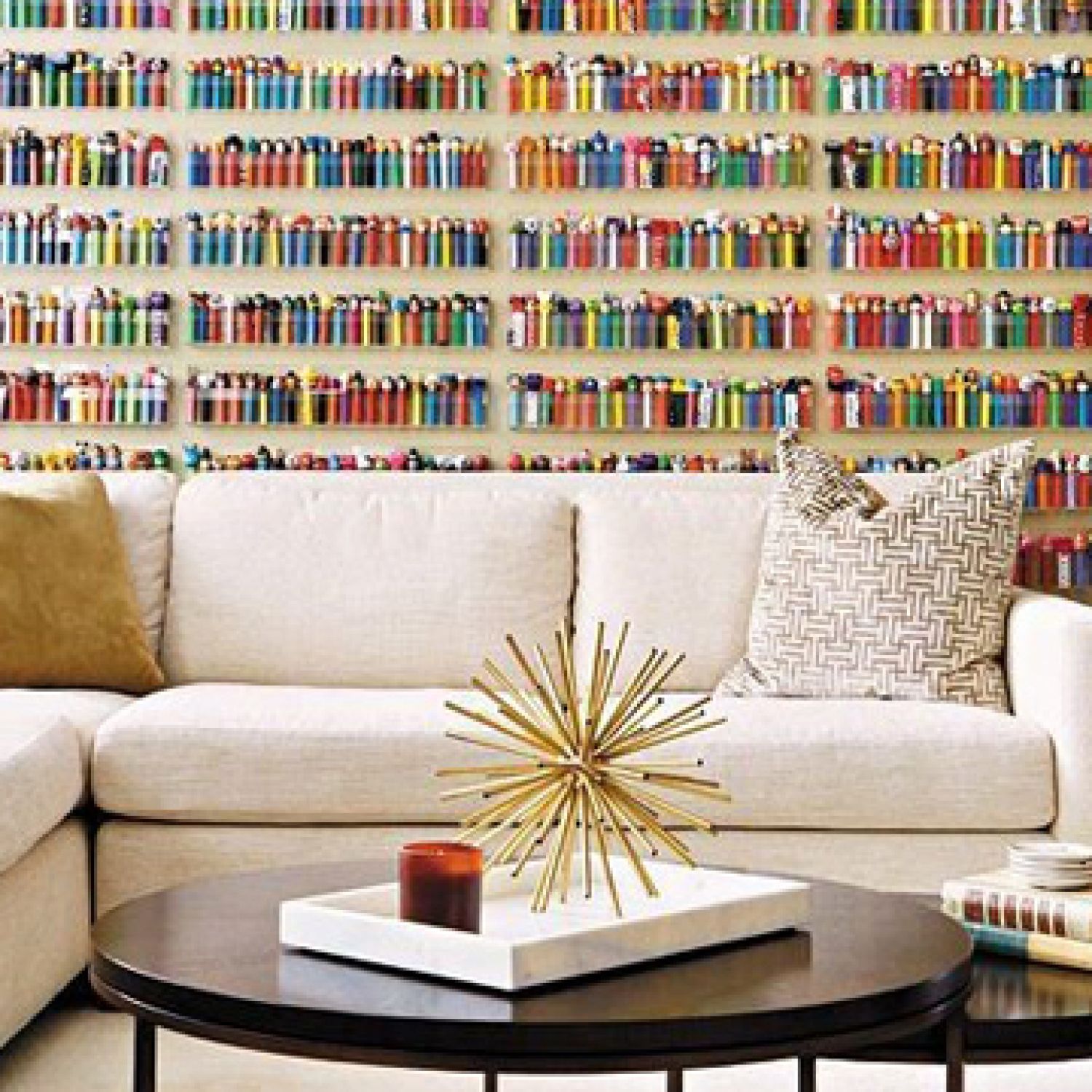 A living room with a Pez accent wall