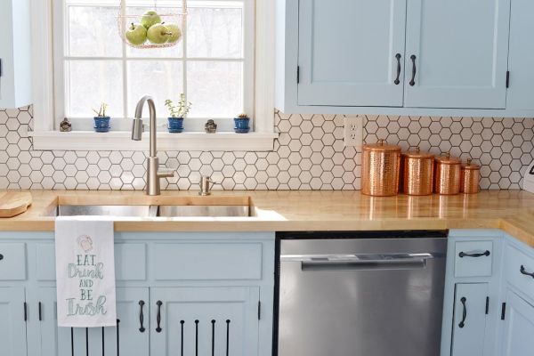 Newly renovated kitchen with hex tile backsplash