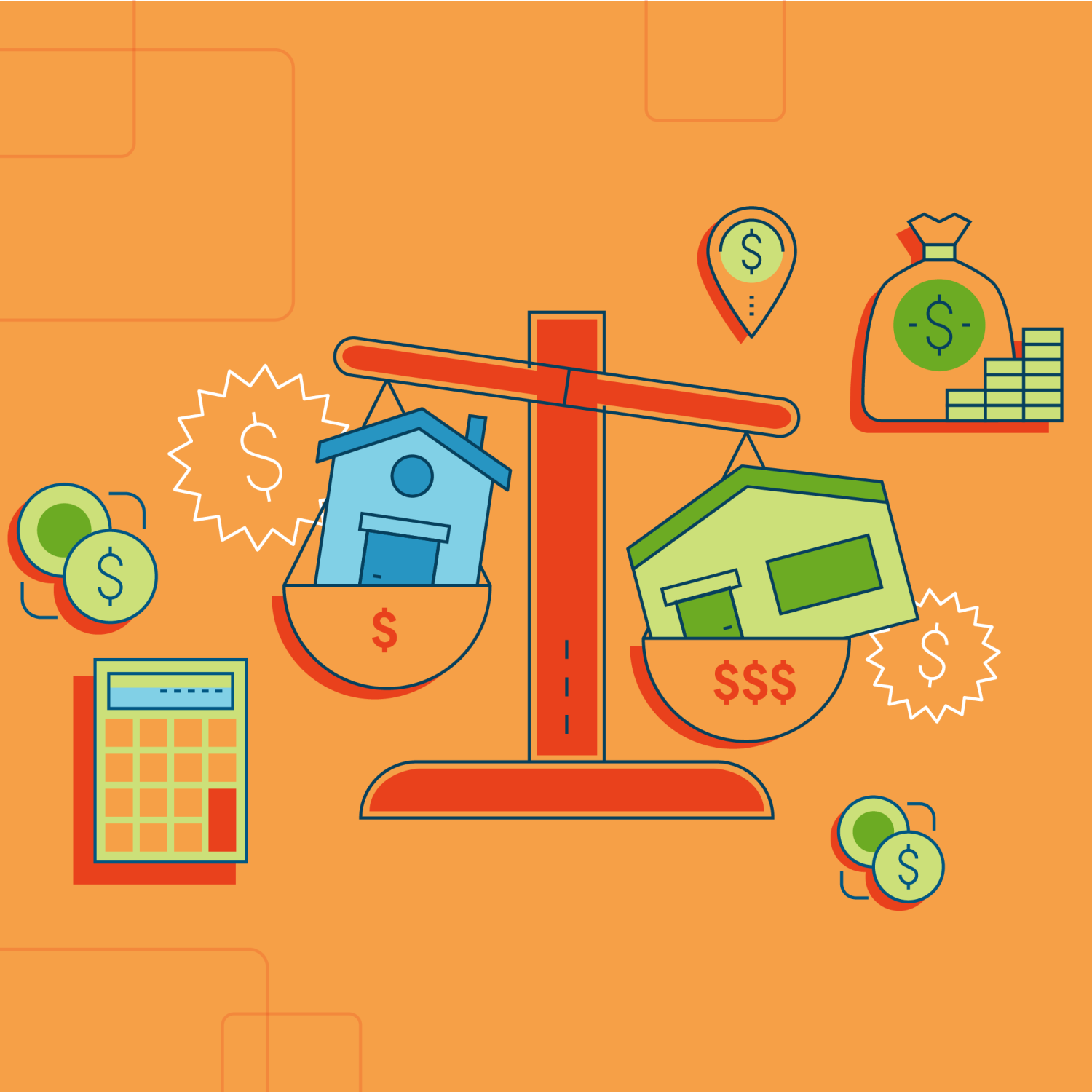 Illustration of houses on a scale visualizing the balance of pricing your home.