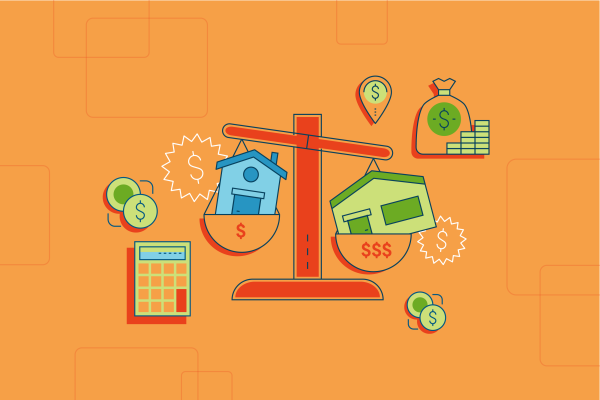 Illustration of houses on a scale visualizing the balance of pricing your home.