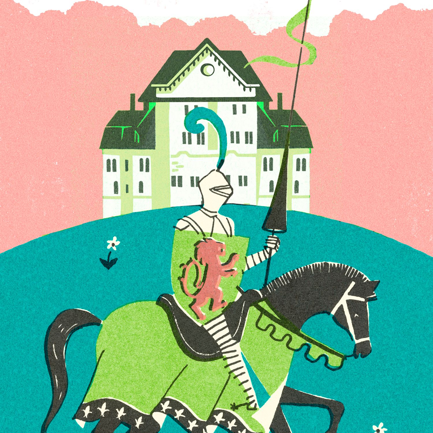 1950s image of a medieval knight in front of a large house