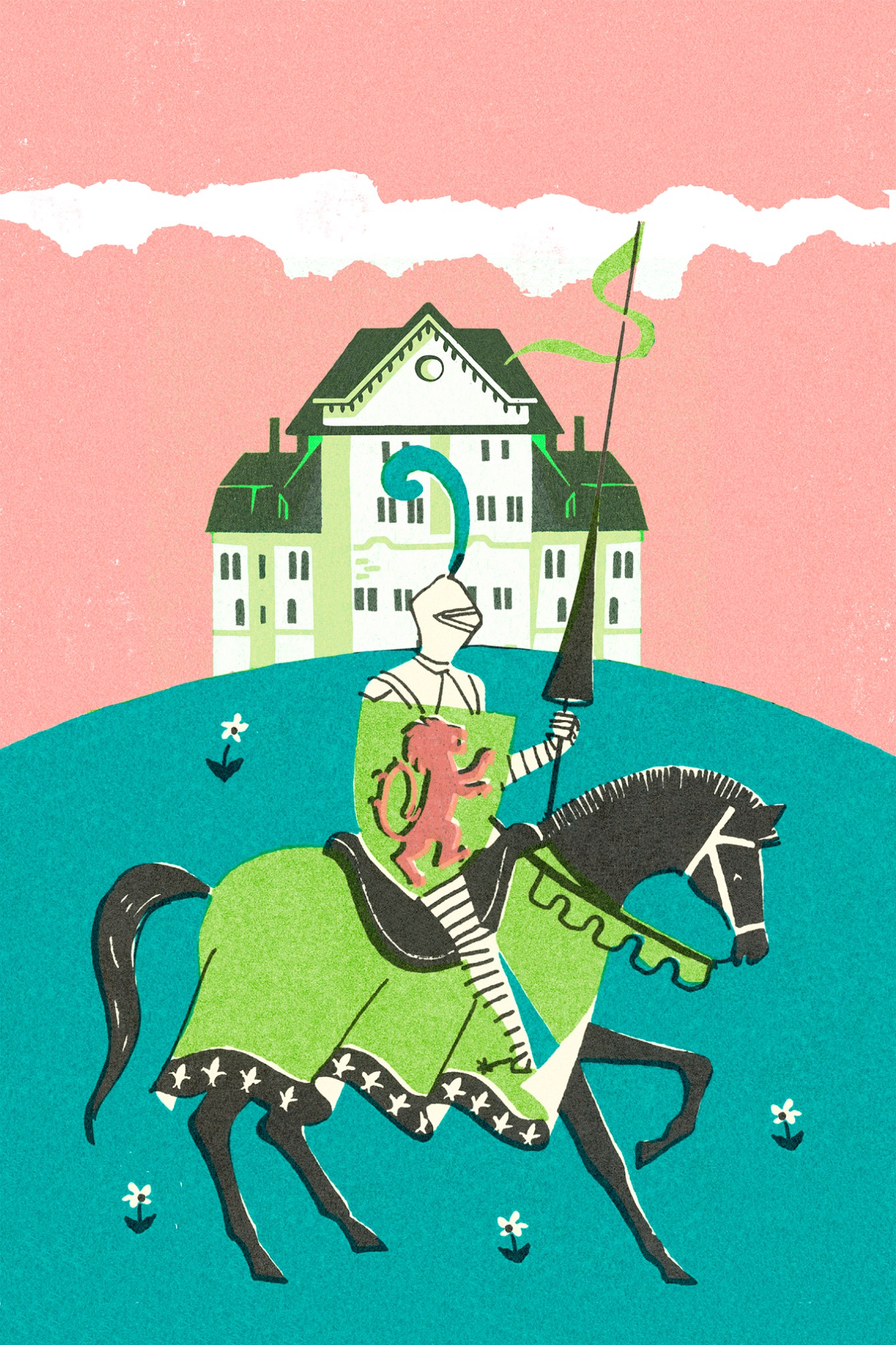 1950s image of a medieval knight in front of a large house