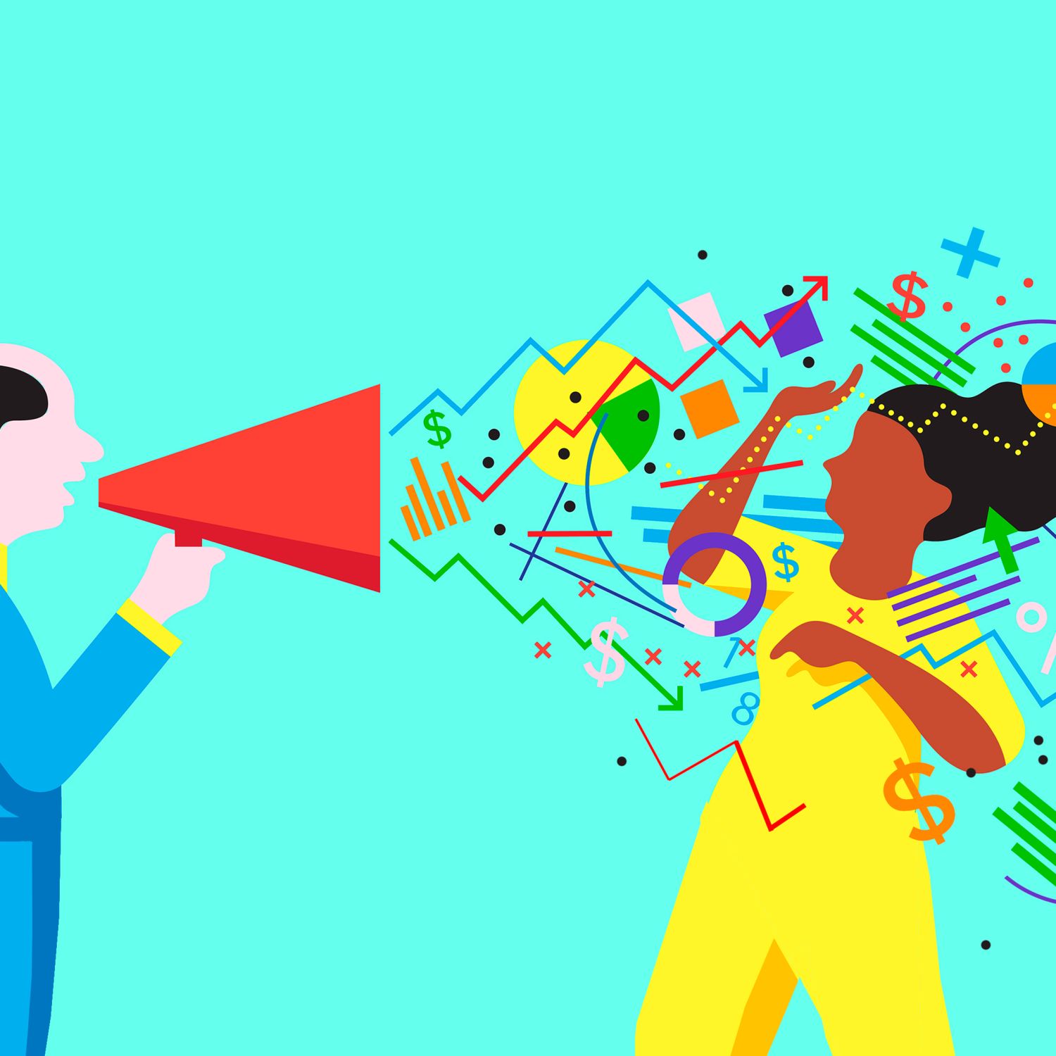 Illustration of man with megaphone shouting numbers at woman