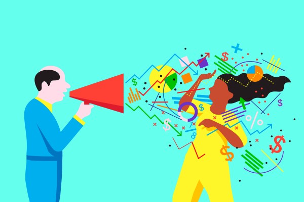 Illustration of man with megaphone shouting numbers at woman