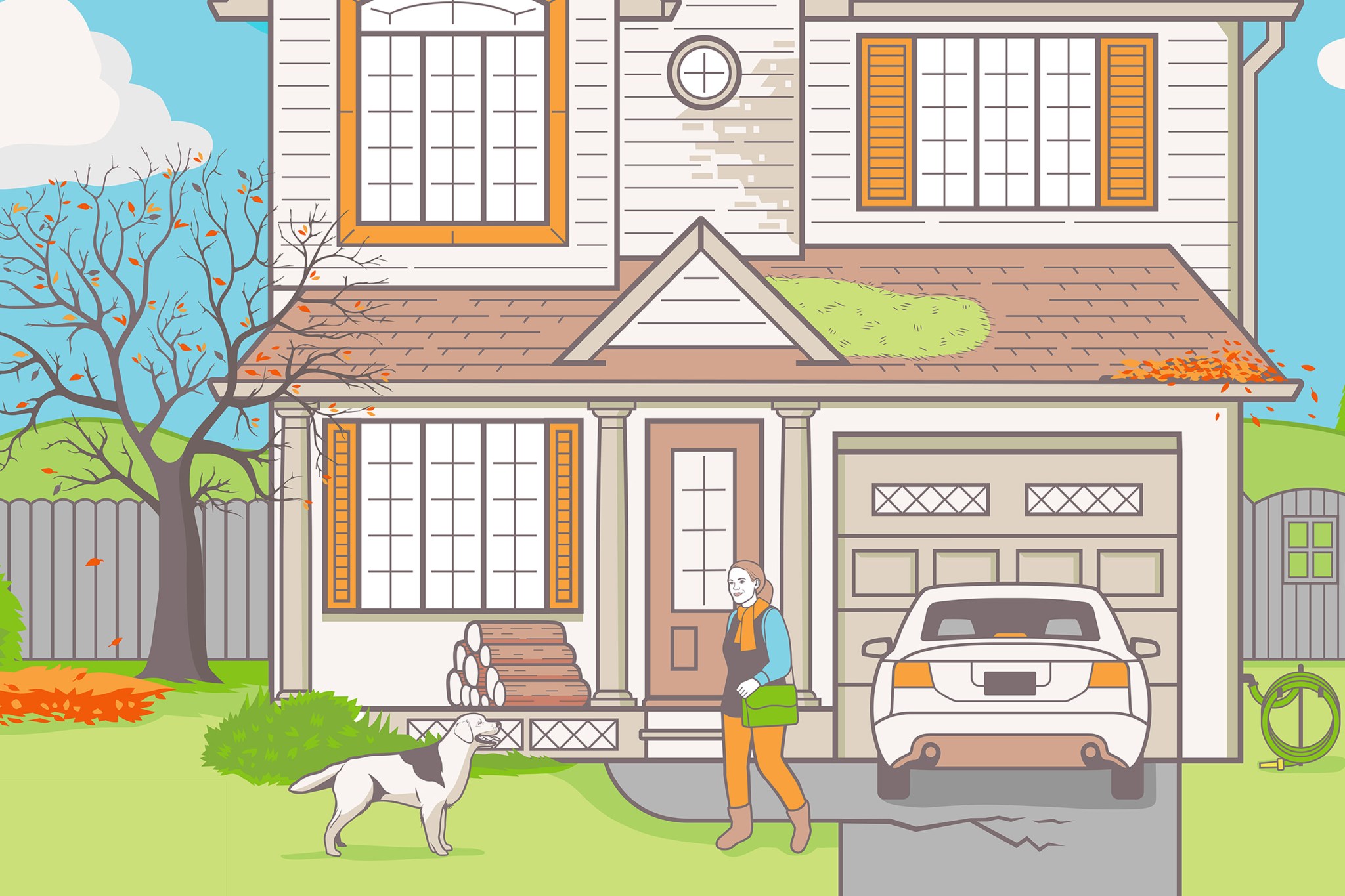 Illustration of happy woman with dog leaving house