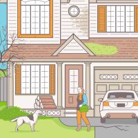 Illustration of happy woman with dog leaving house