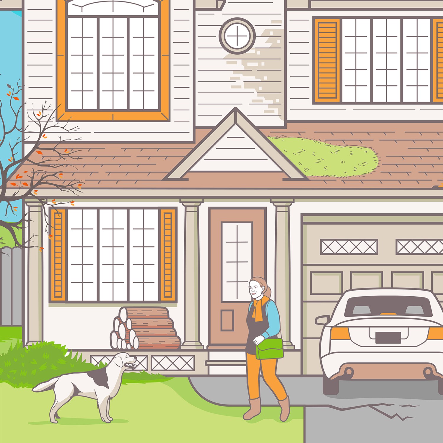 Illustration of happy woman with dog leaving house