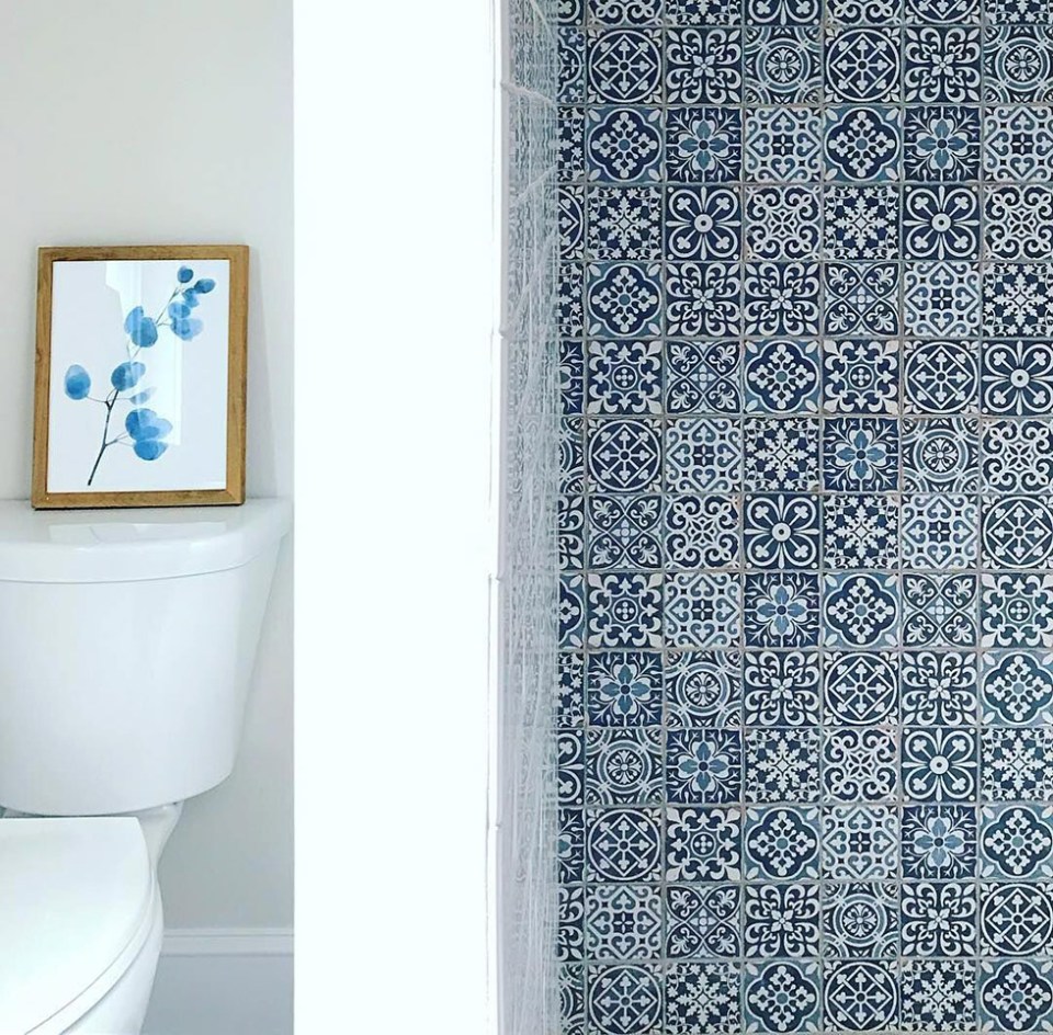 Blue and white patterned tiles covering wall beside toilet