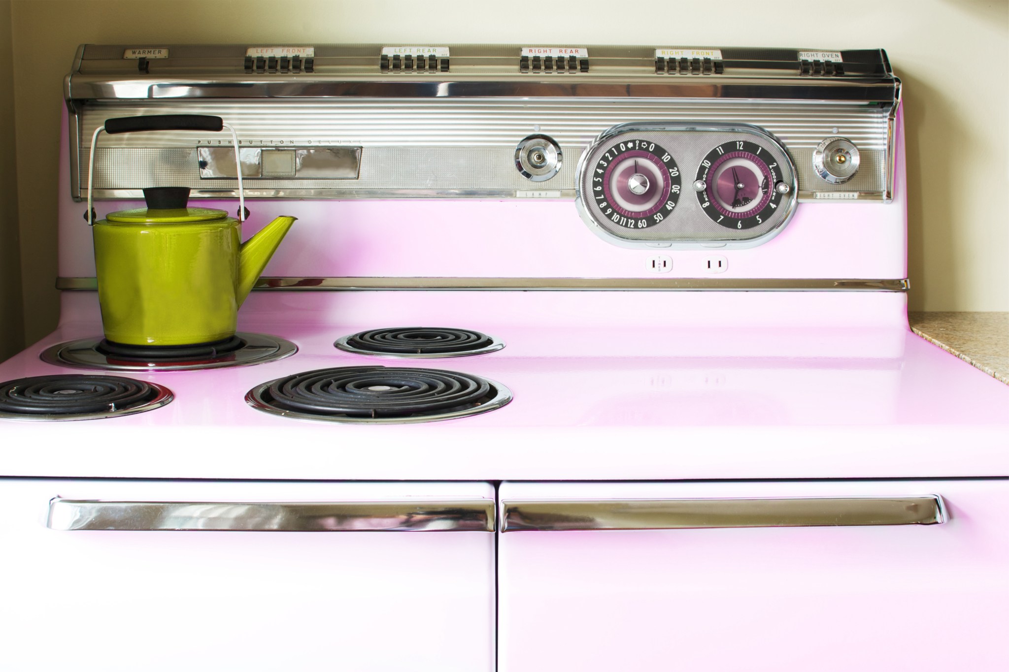 Vintage pink appliance in a home kitchen