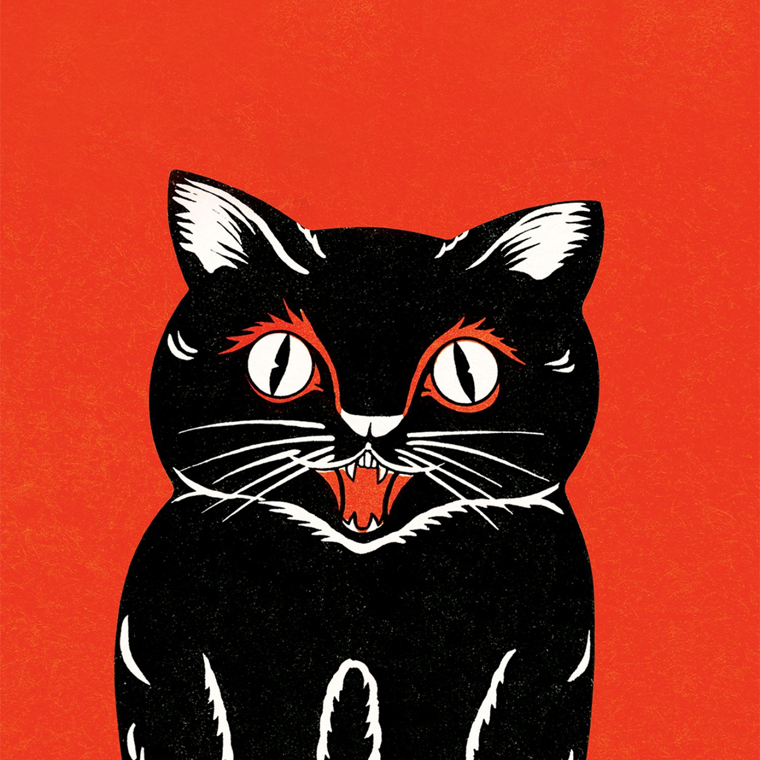 Retro illustration of black cat on orange-red background