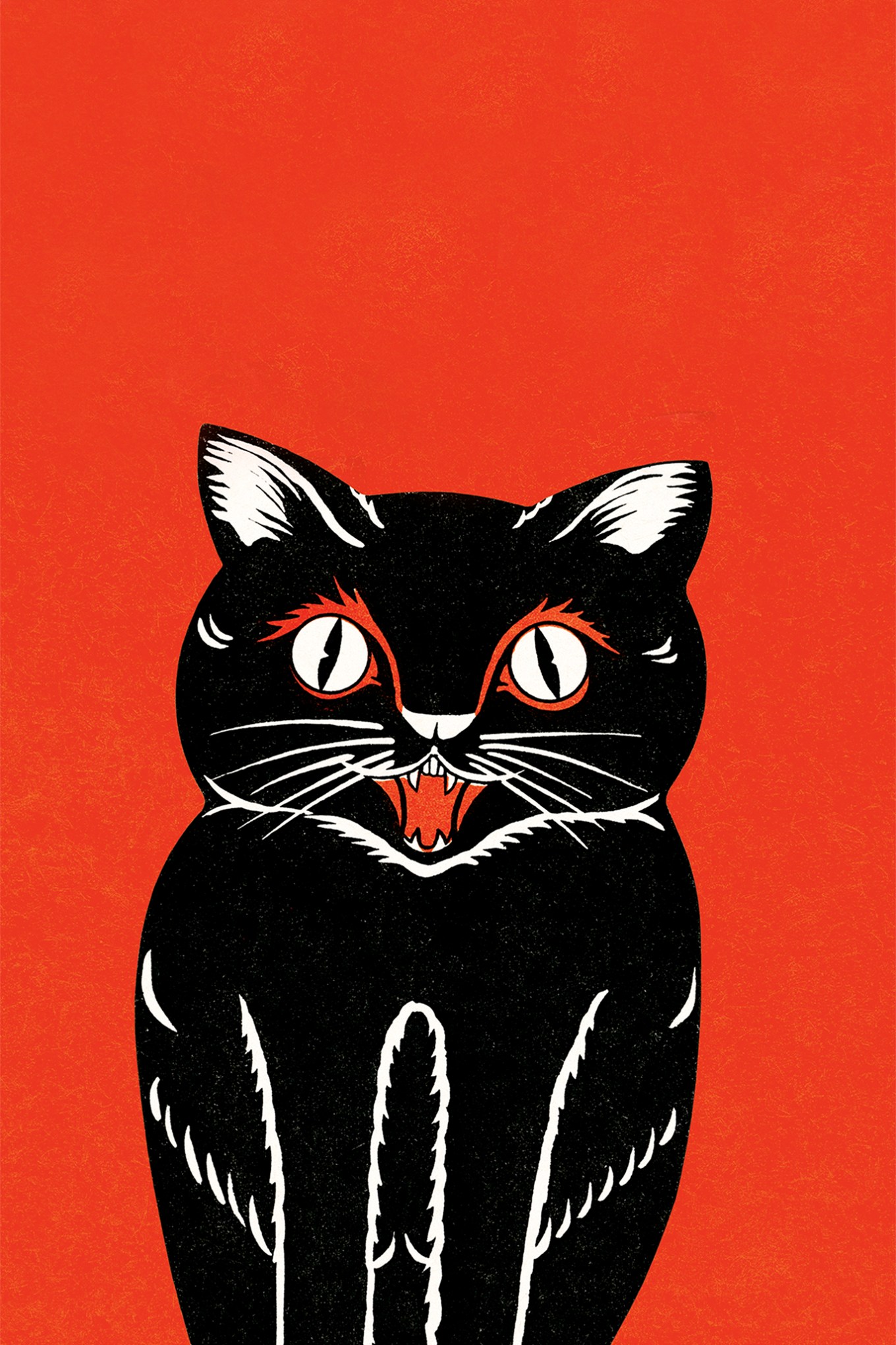 Retro illustration of black cat on orange-red background