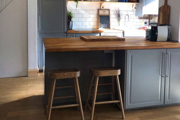 Gray cabinets with new butcher block counter tops