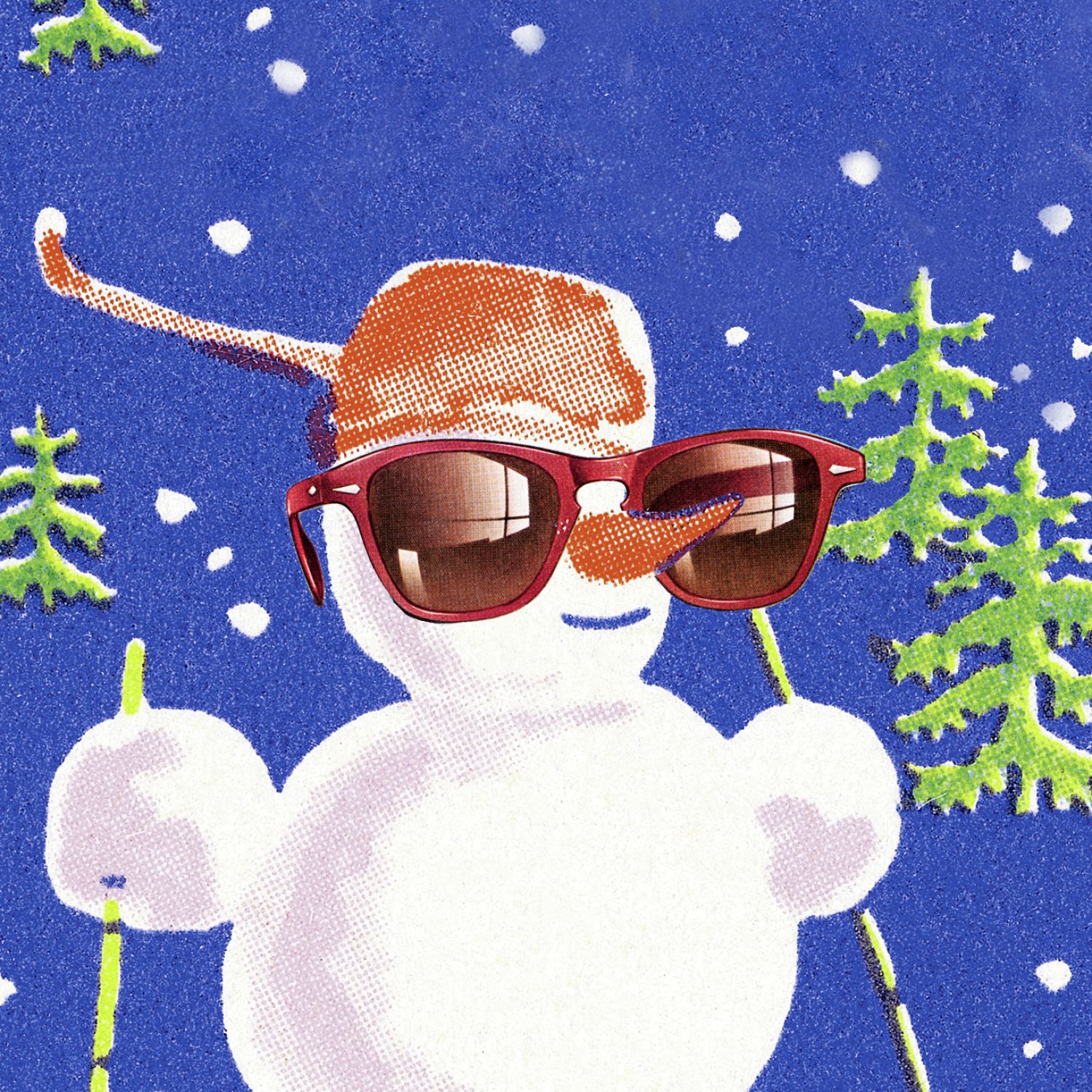 Retro illustration of smiling snowman with sunglasses