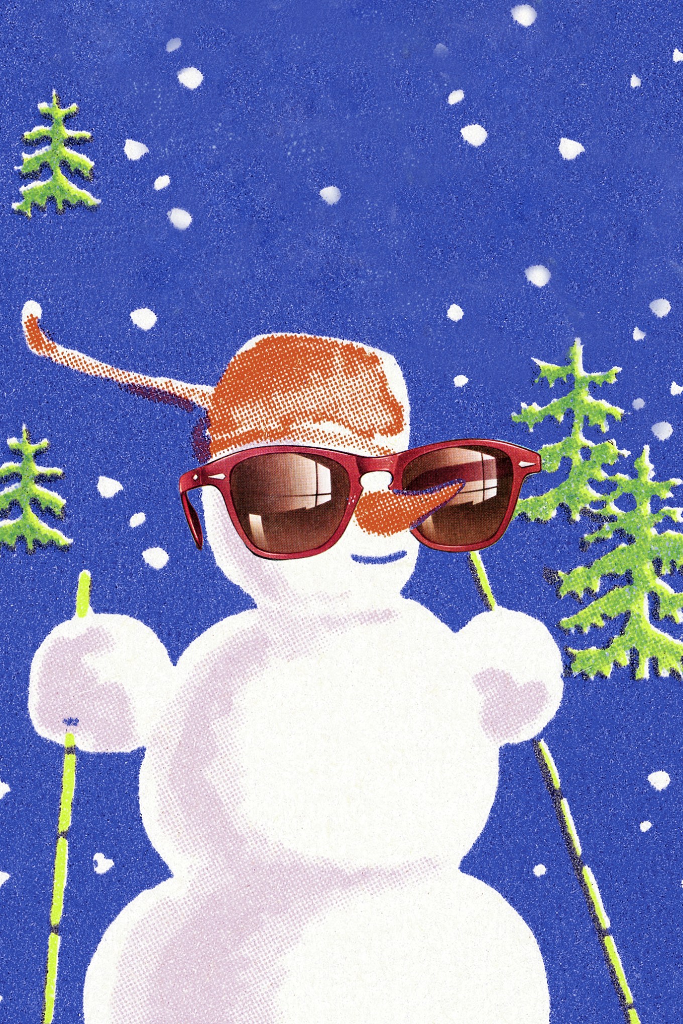 Retro illustration of smiling snowman with sunglasses