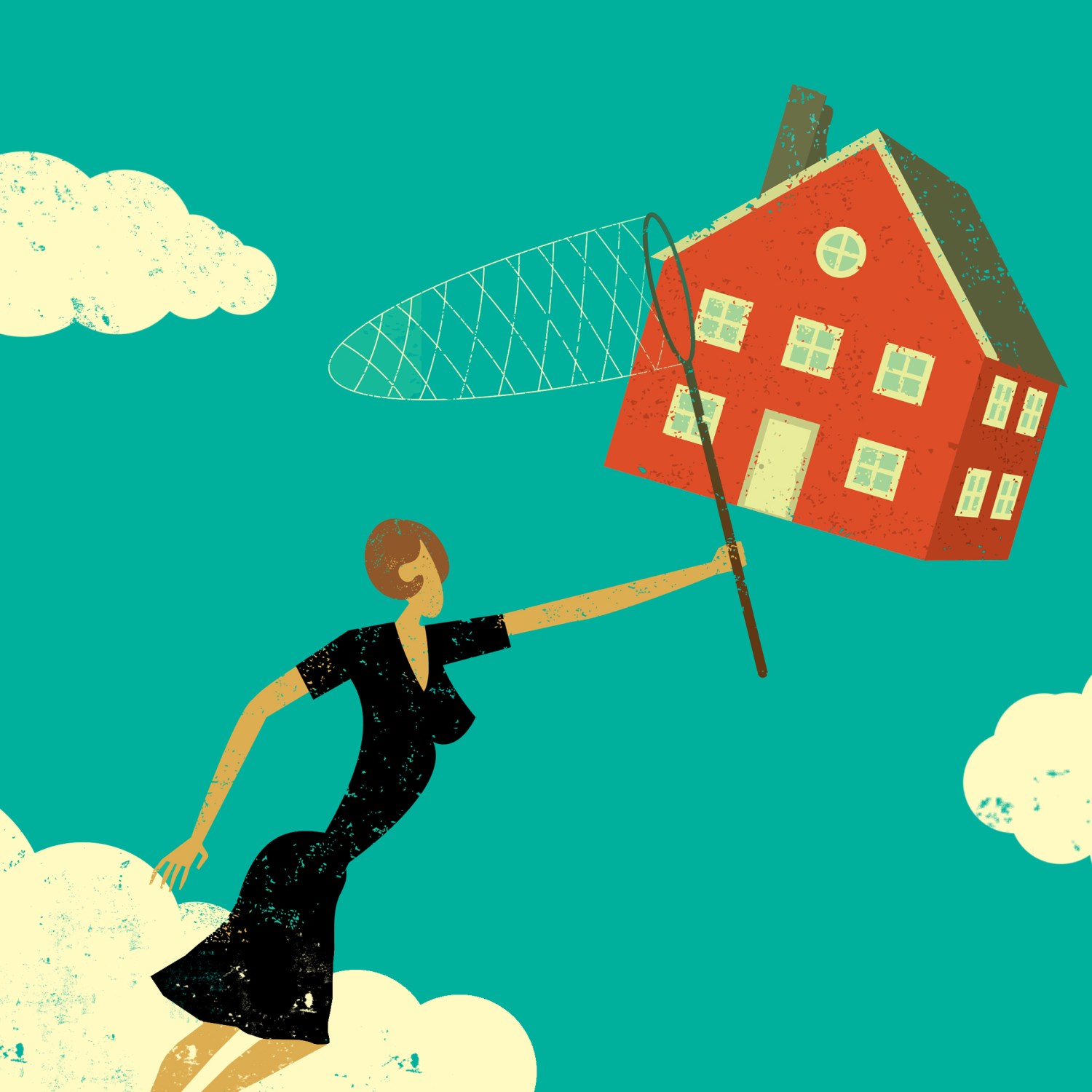 Illustration of woman chasing house with butterfly catcher