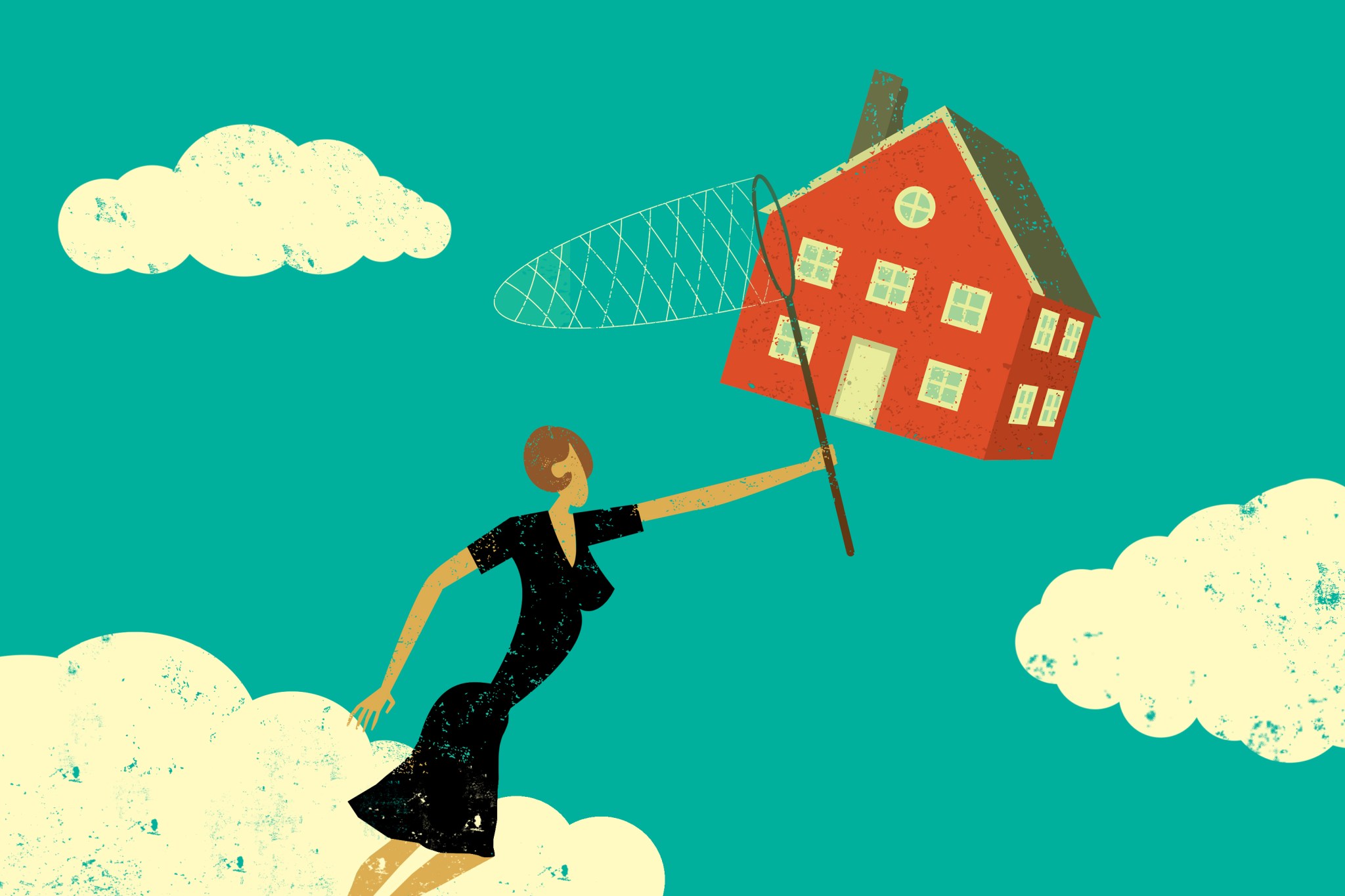 Illustration of woman chasing house with butterfly catcher