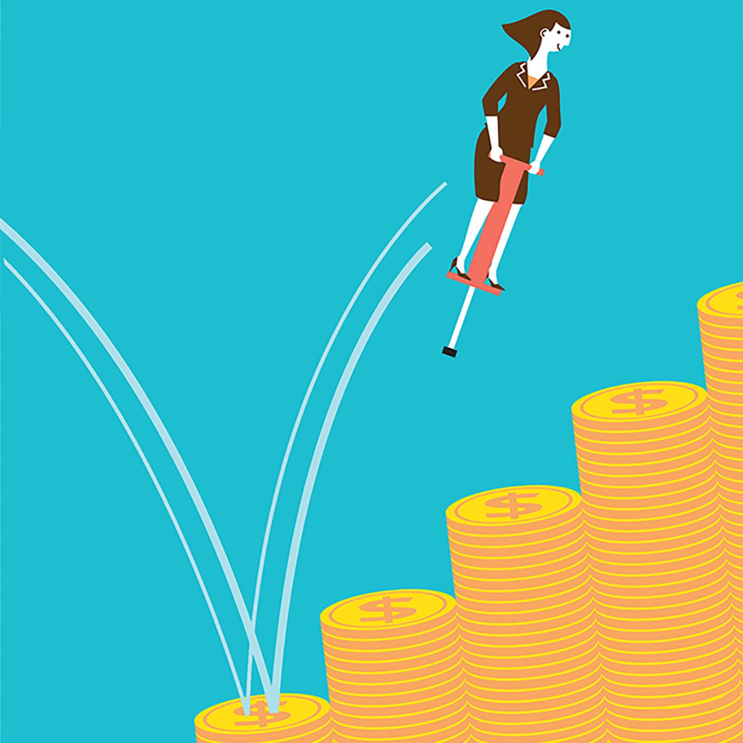 Illustration of woman on pogo stick bouncing on money piles