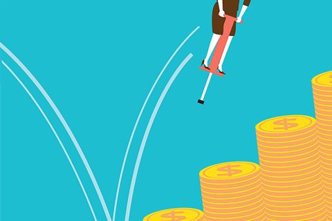 Illustration of woman on pogo stick bouncing on money piles