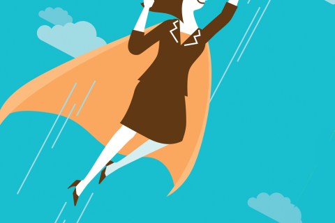 Illustration of woman with cape flying with tax documents