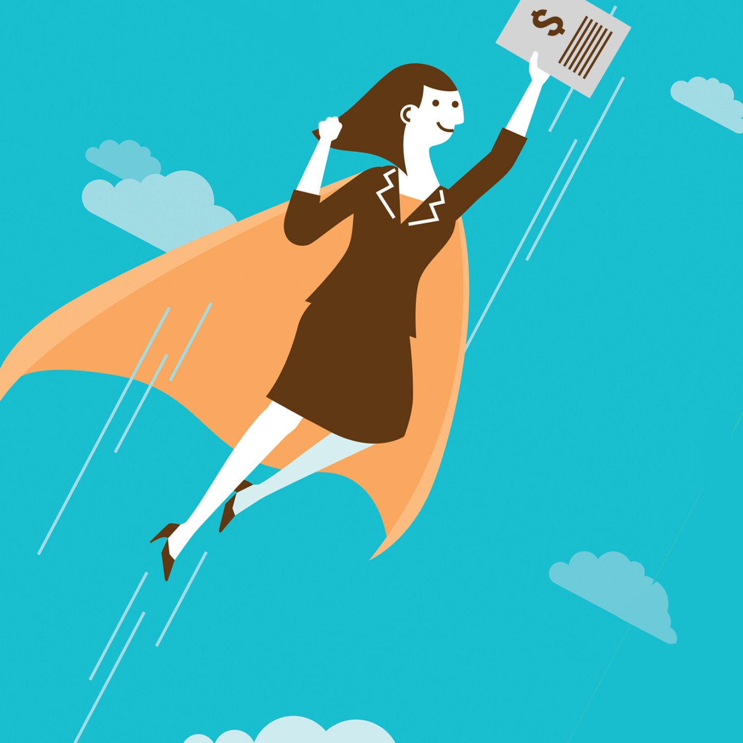 Illustration of woman with cape flying with tax documents