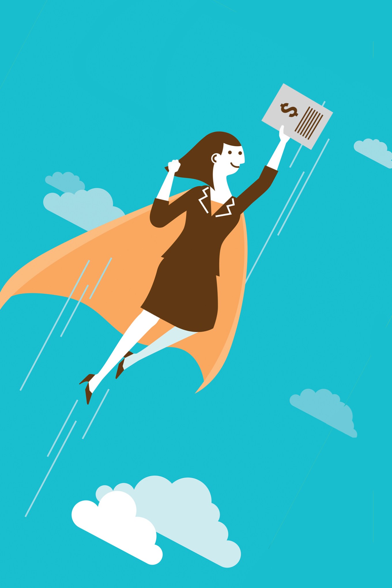 Illustration of woman with cape flying with tax documents