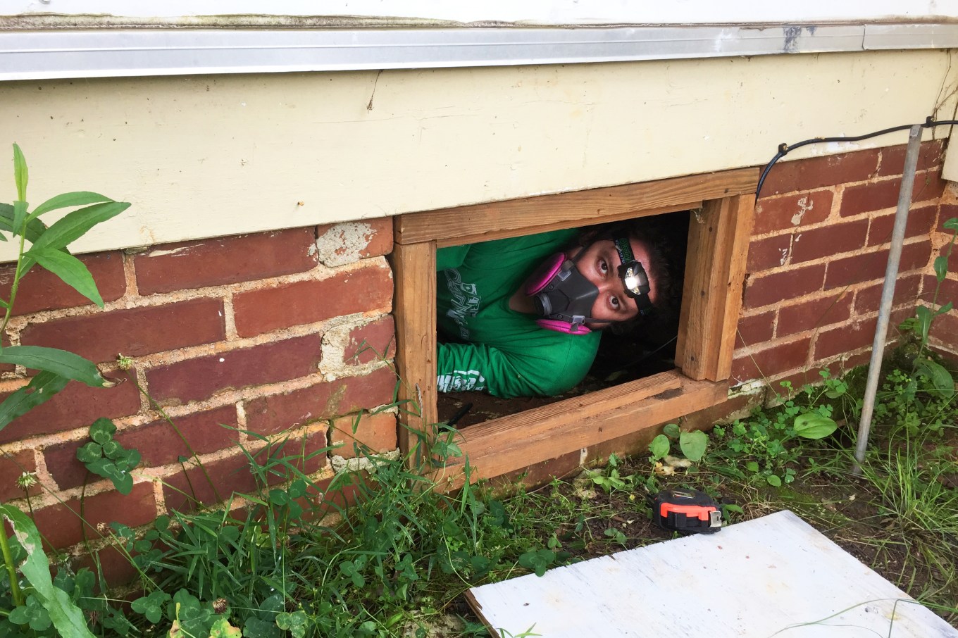 Man with respirator mask on peering out from basement window