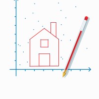 Connect-the-dots of a house with a red pen lying on top