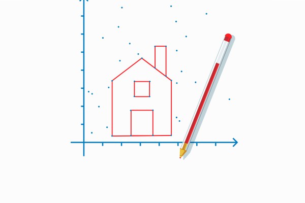 Connect-the-dots of a house with a red pen lying on top