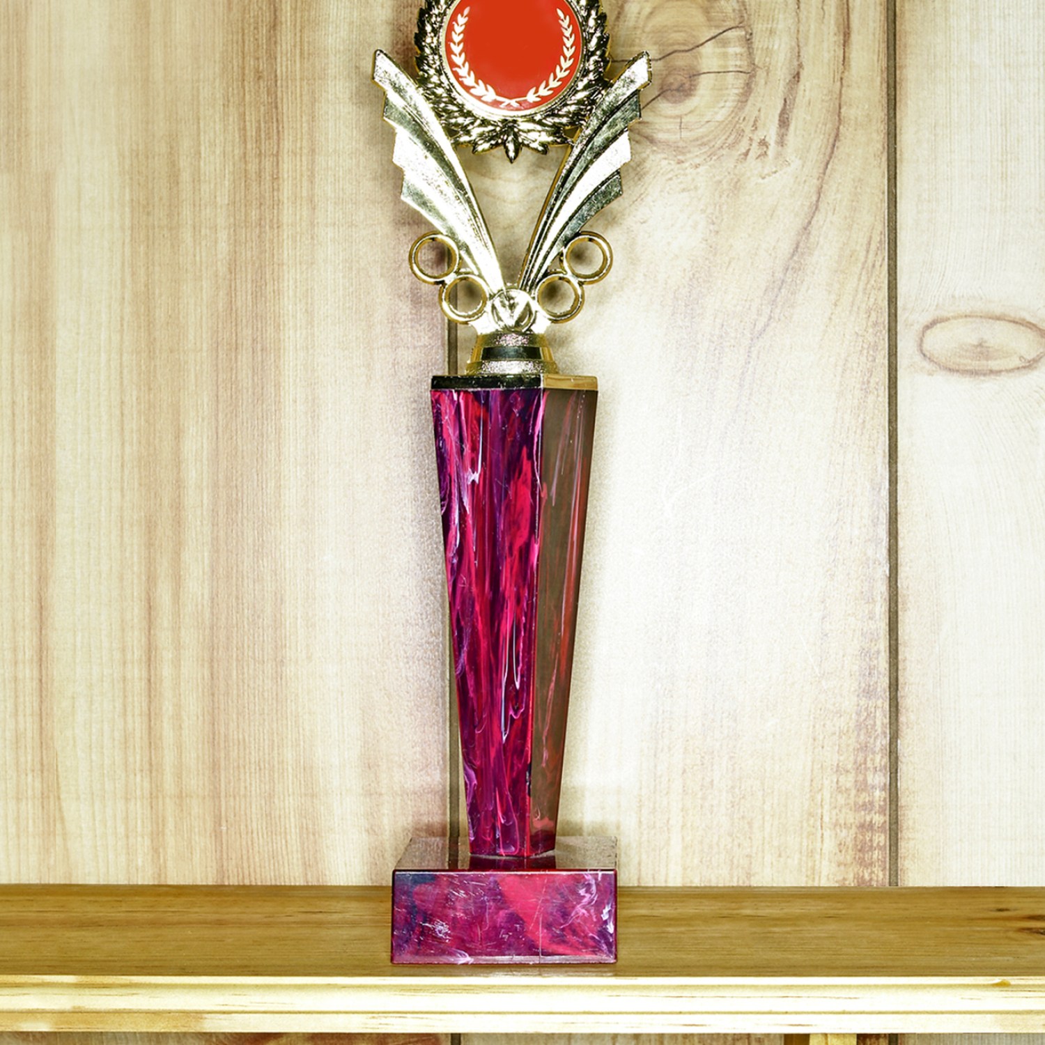 Red and gold trophy on shelf against wood-paneled wall