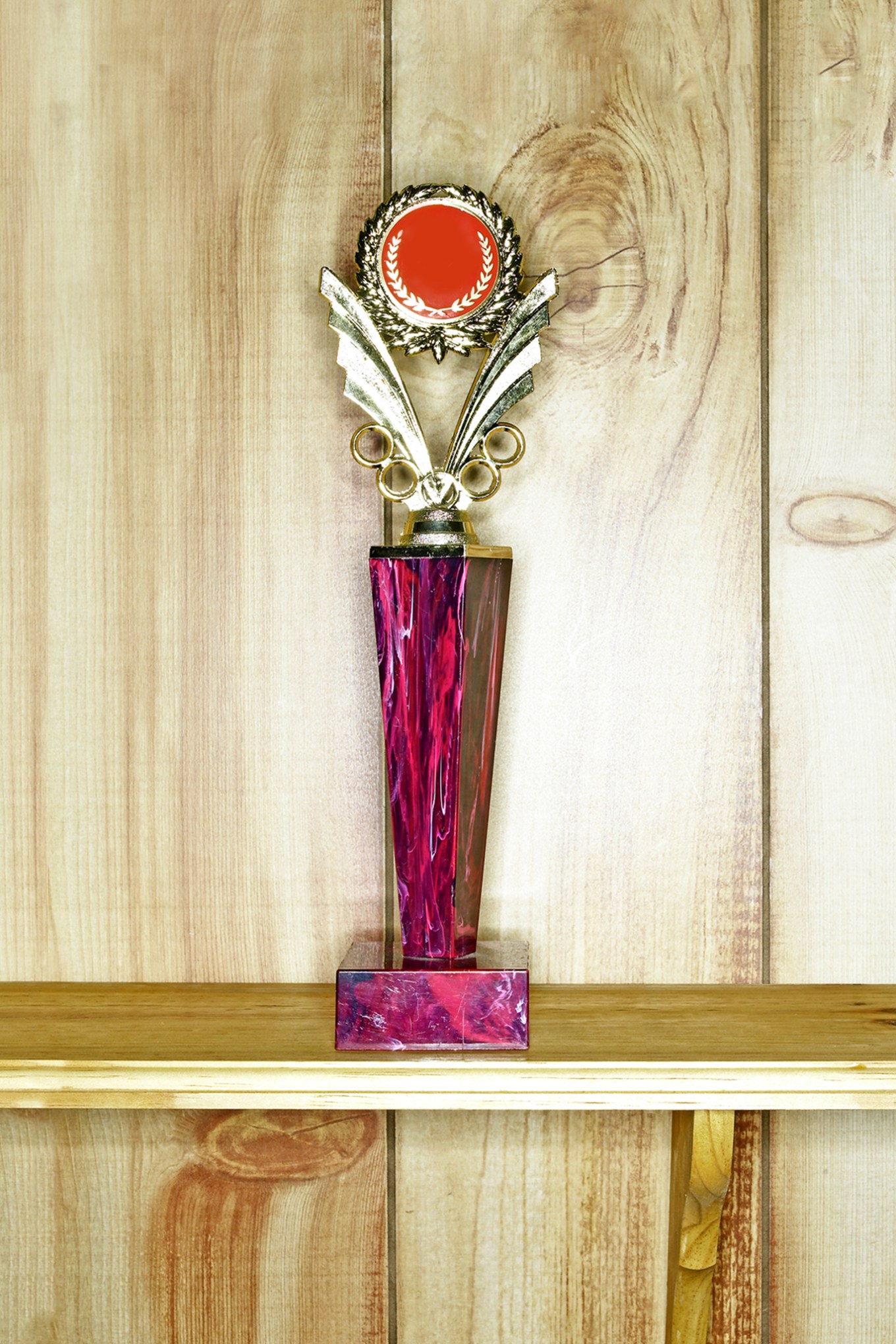 Red and gold trophy on shelf against wood-paneled wall