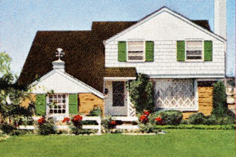Retro halftone image of white, two-story suburban house