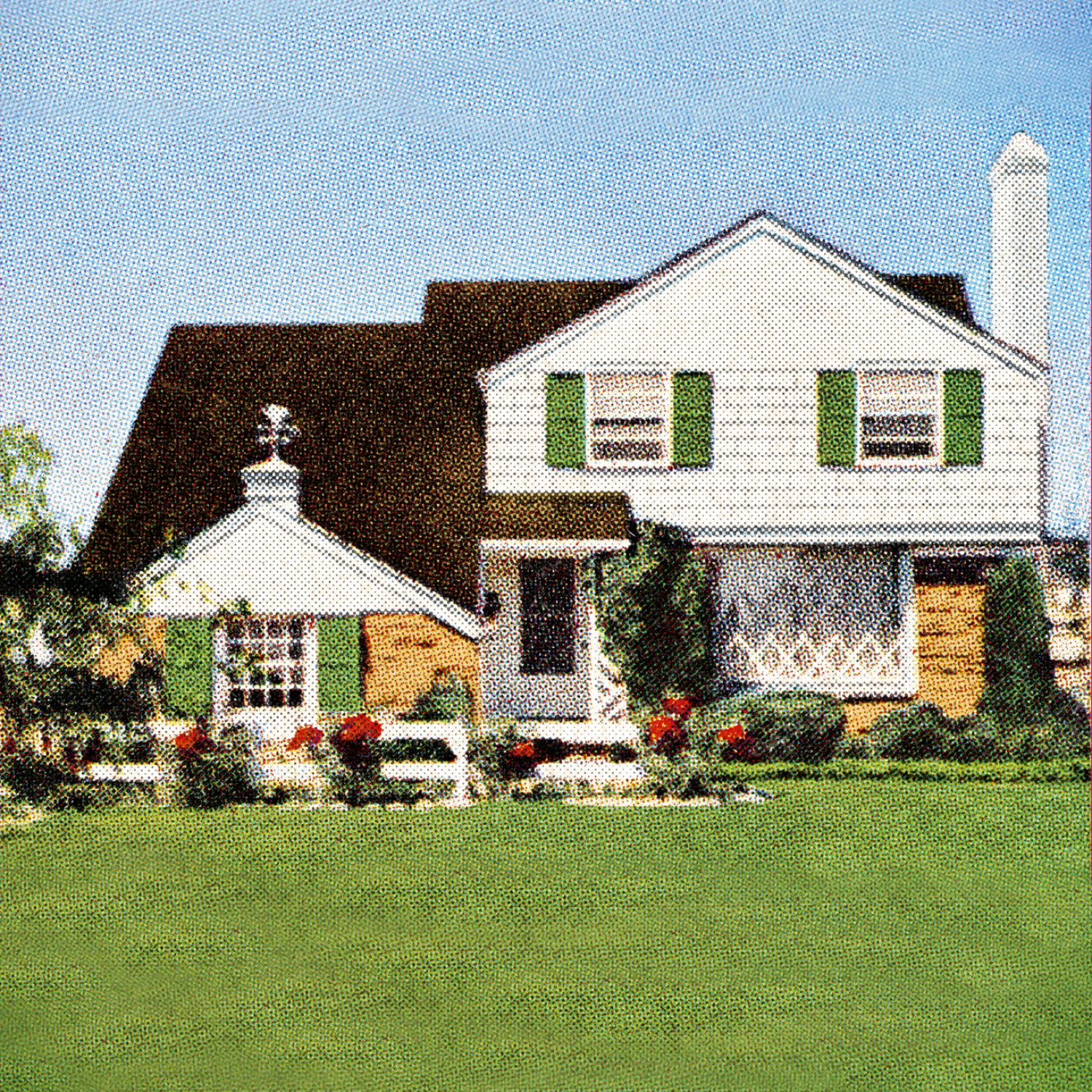 Retro halftone image of white, two-story suburban house