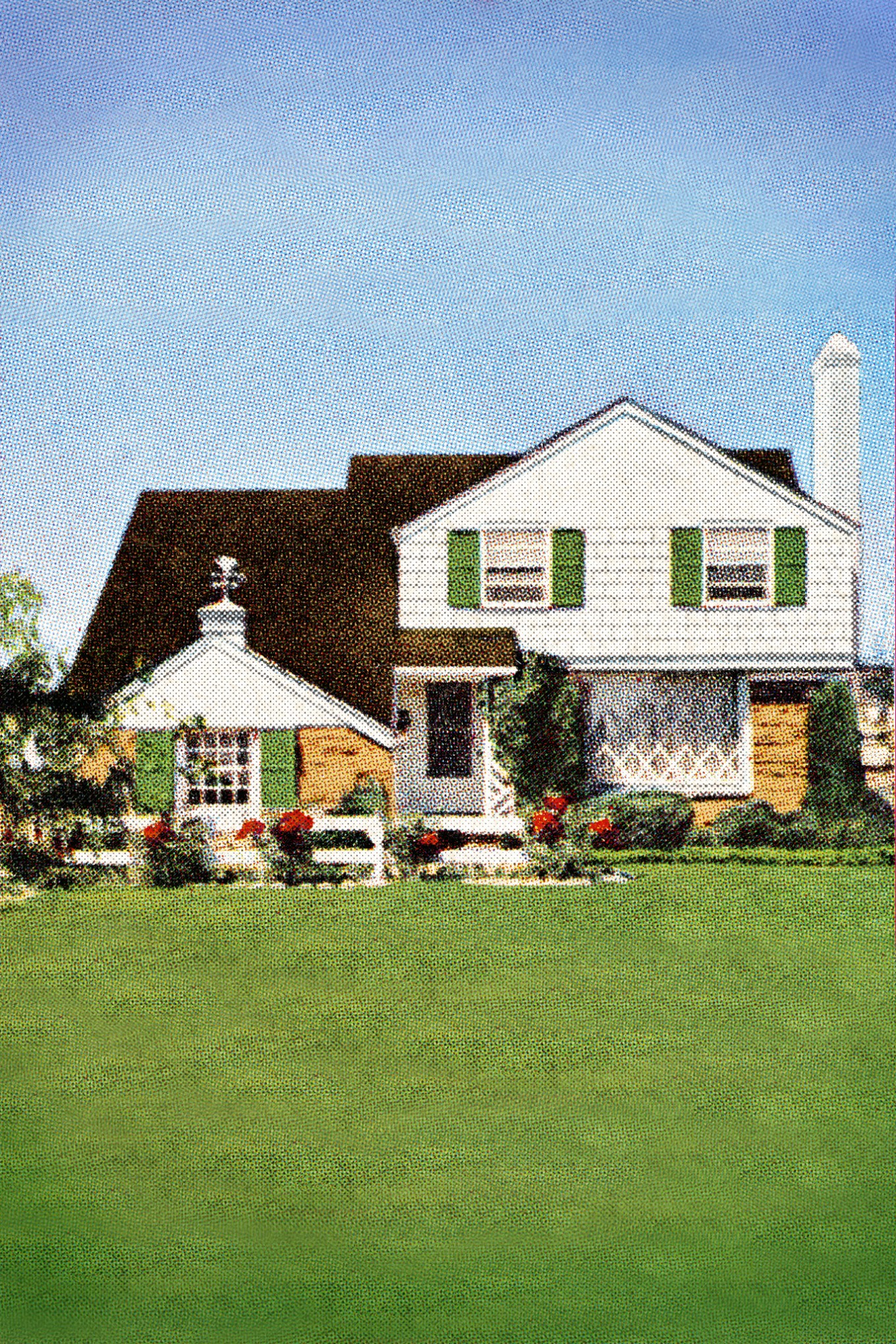 Retro halftone image of white, two-story suburban house