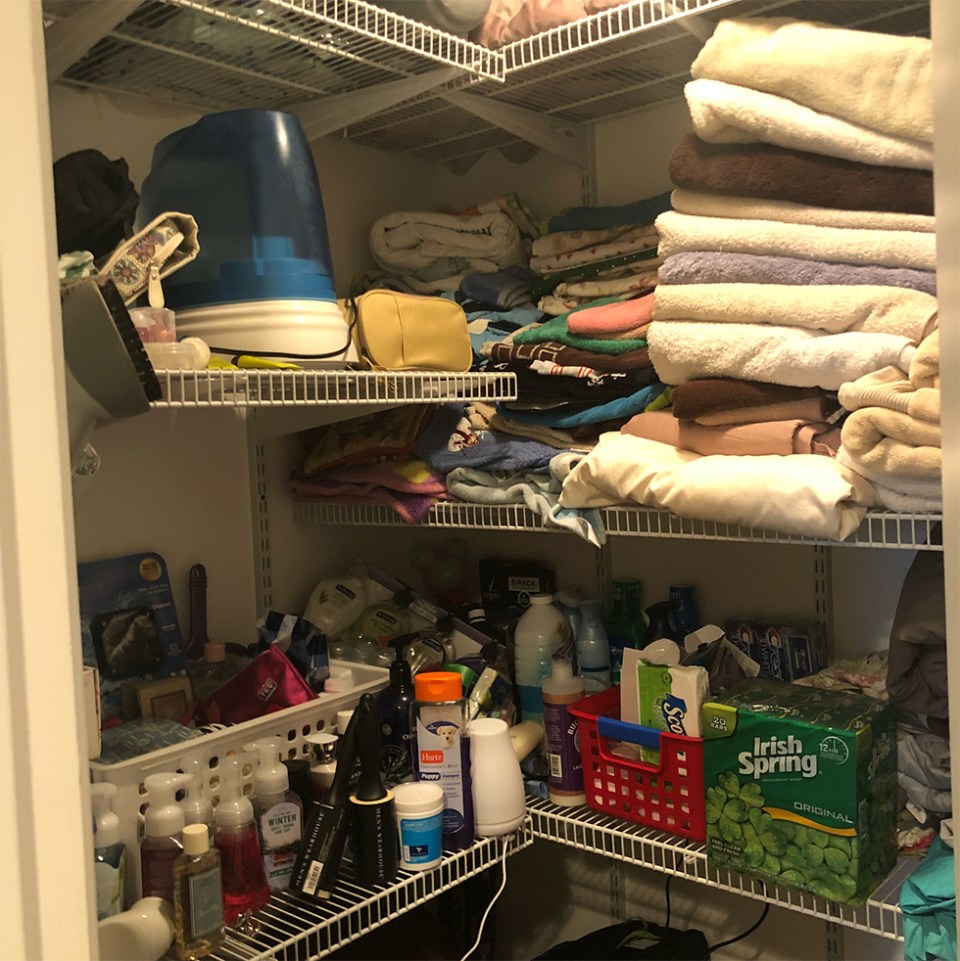 Linen closet with toiletry items thrown every which way