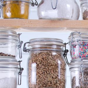 Items on shelves in kitchen pantry