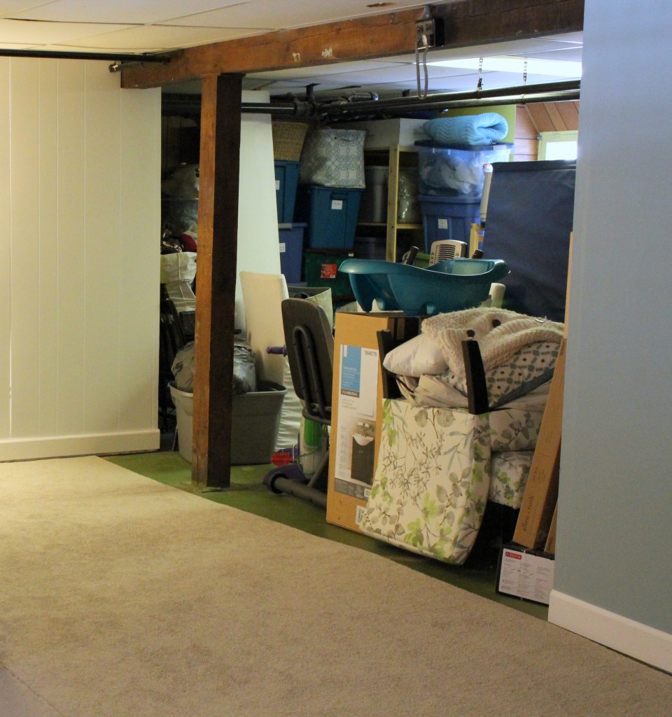 Basement storage area with the curtain open