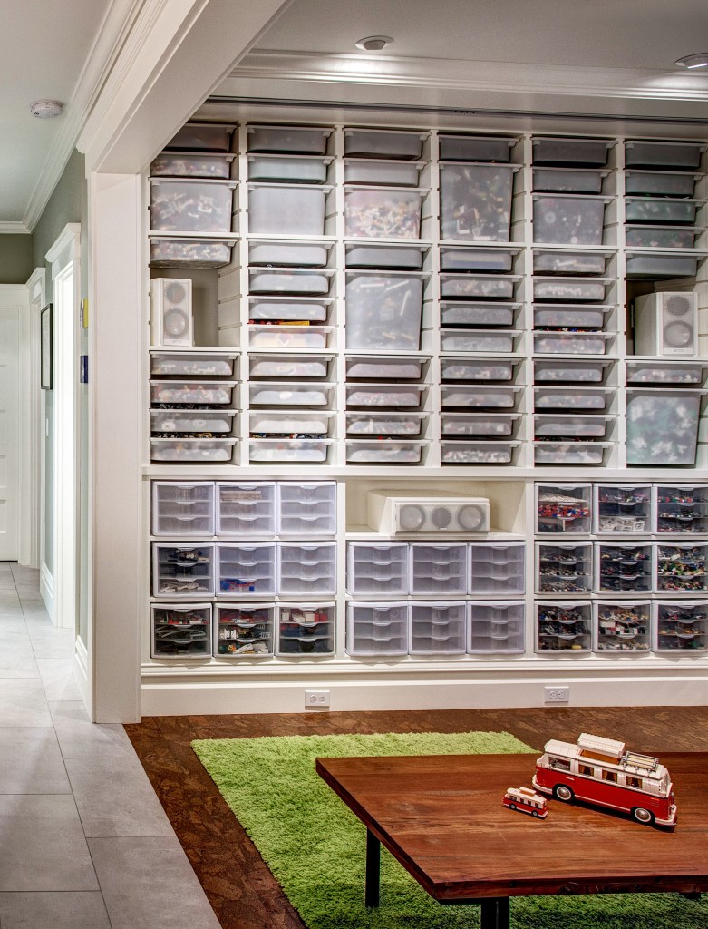 Custom Lego storage bins in a basement