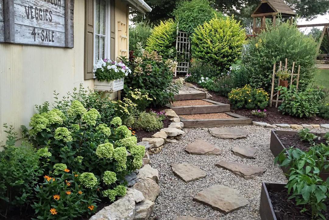 Stone and gravel front walkway to home