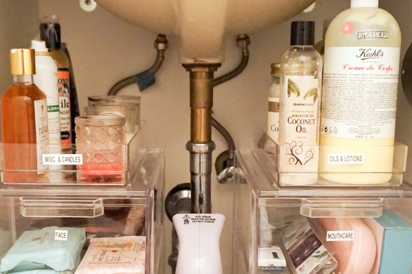 Organized space below bathroom sink with clear boxes and printed labels