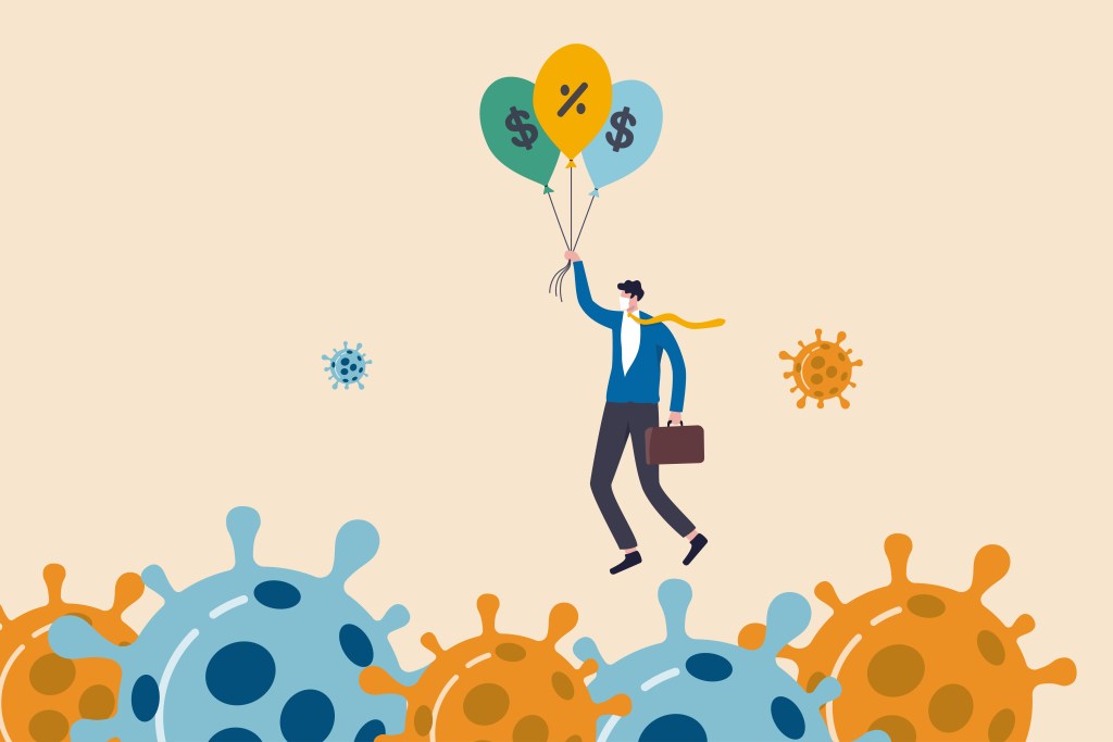 illustration businessman holding balloons fly past virus