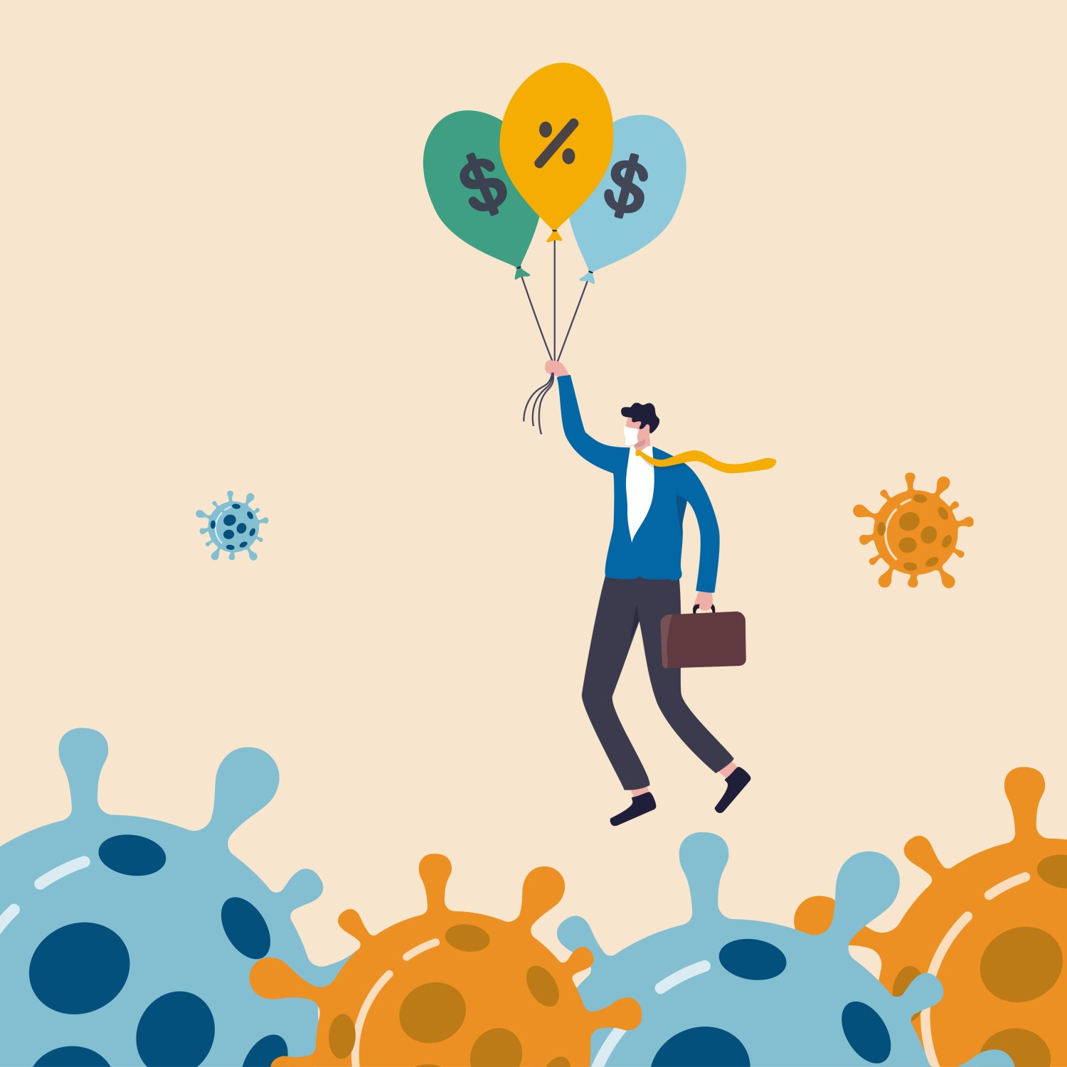 illustration businessman holding balloons fly past virus