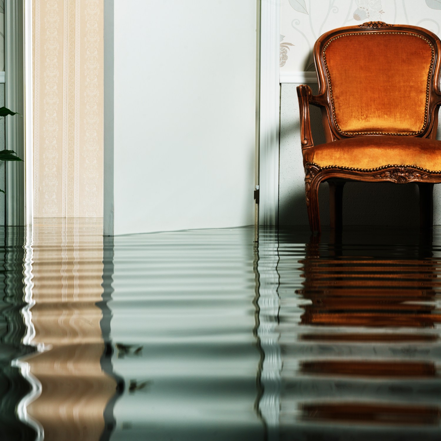 antique chair in flooded living room