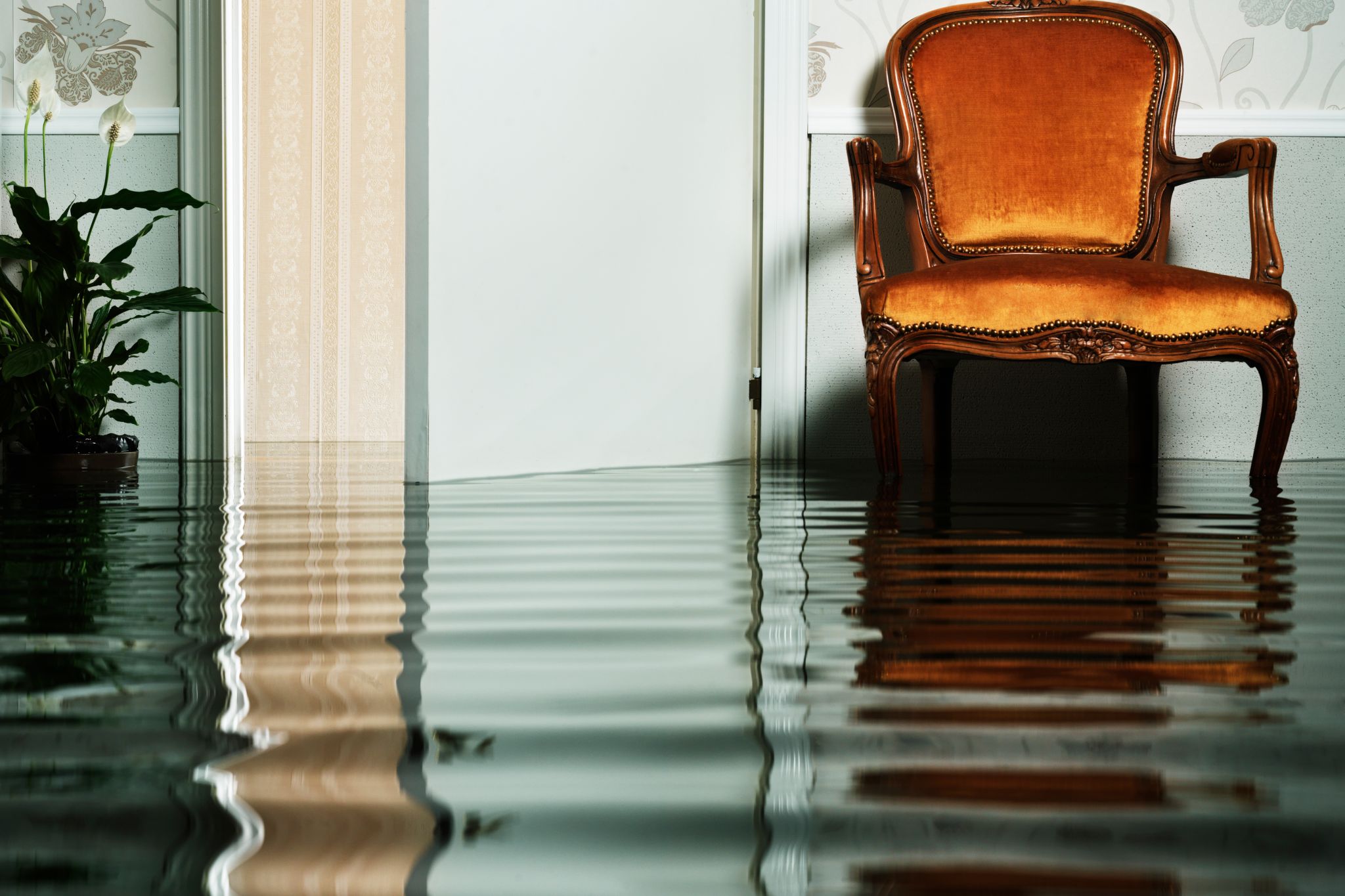 antique chair in flooded living room