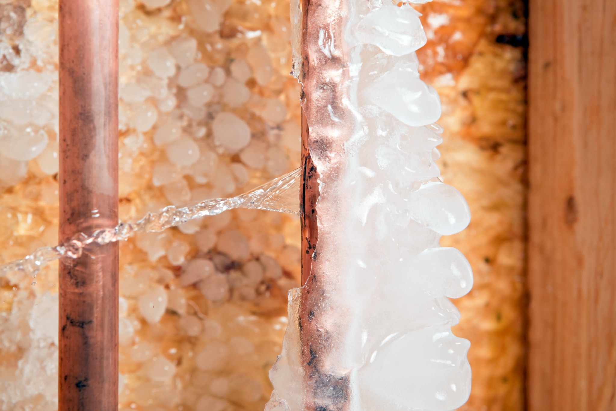 A homeowner carefully thaws a frozen pipe under a sink using a hairdryer, focusing on the area closest to the faucet.