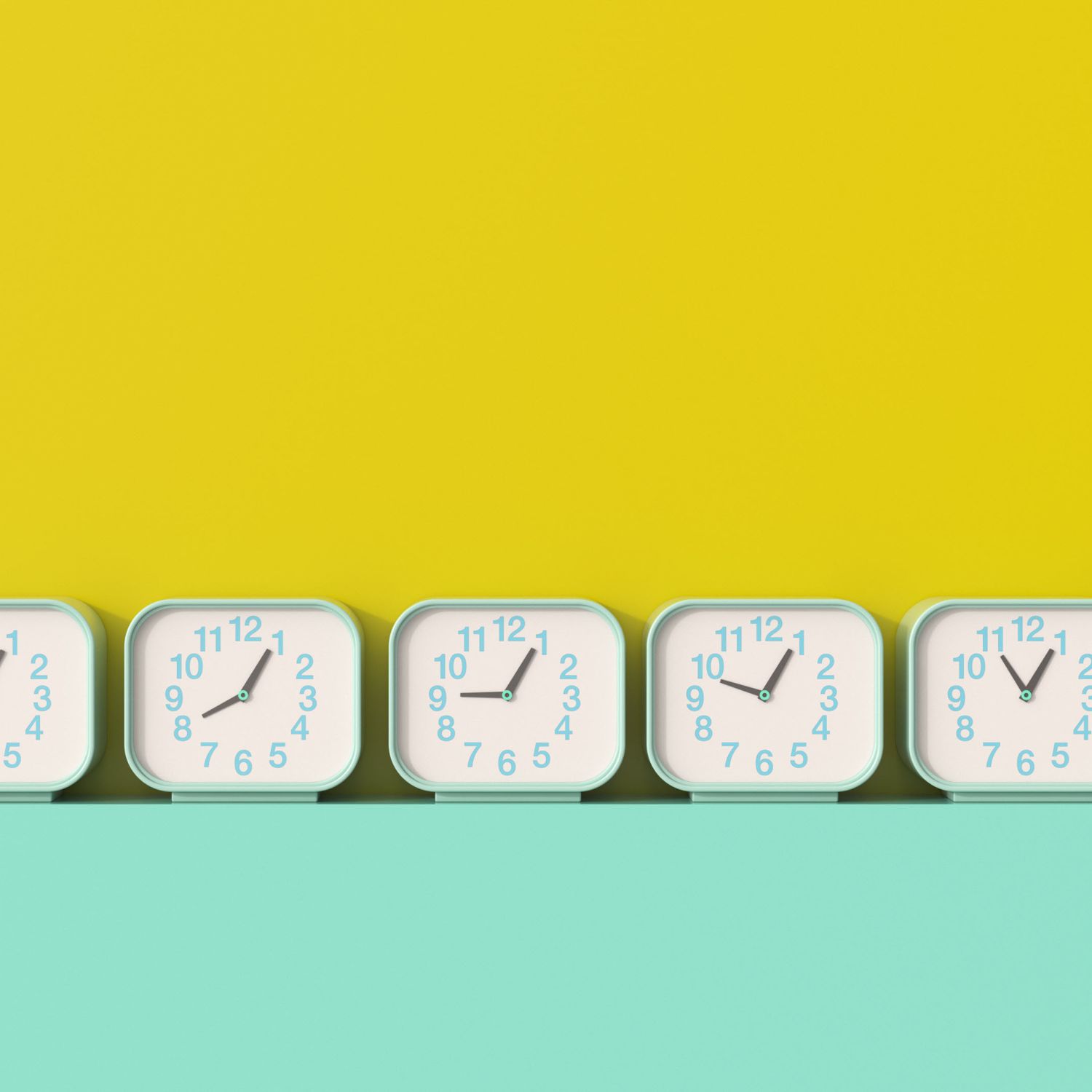 A bunch of matching clocks showing different times.
