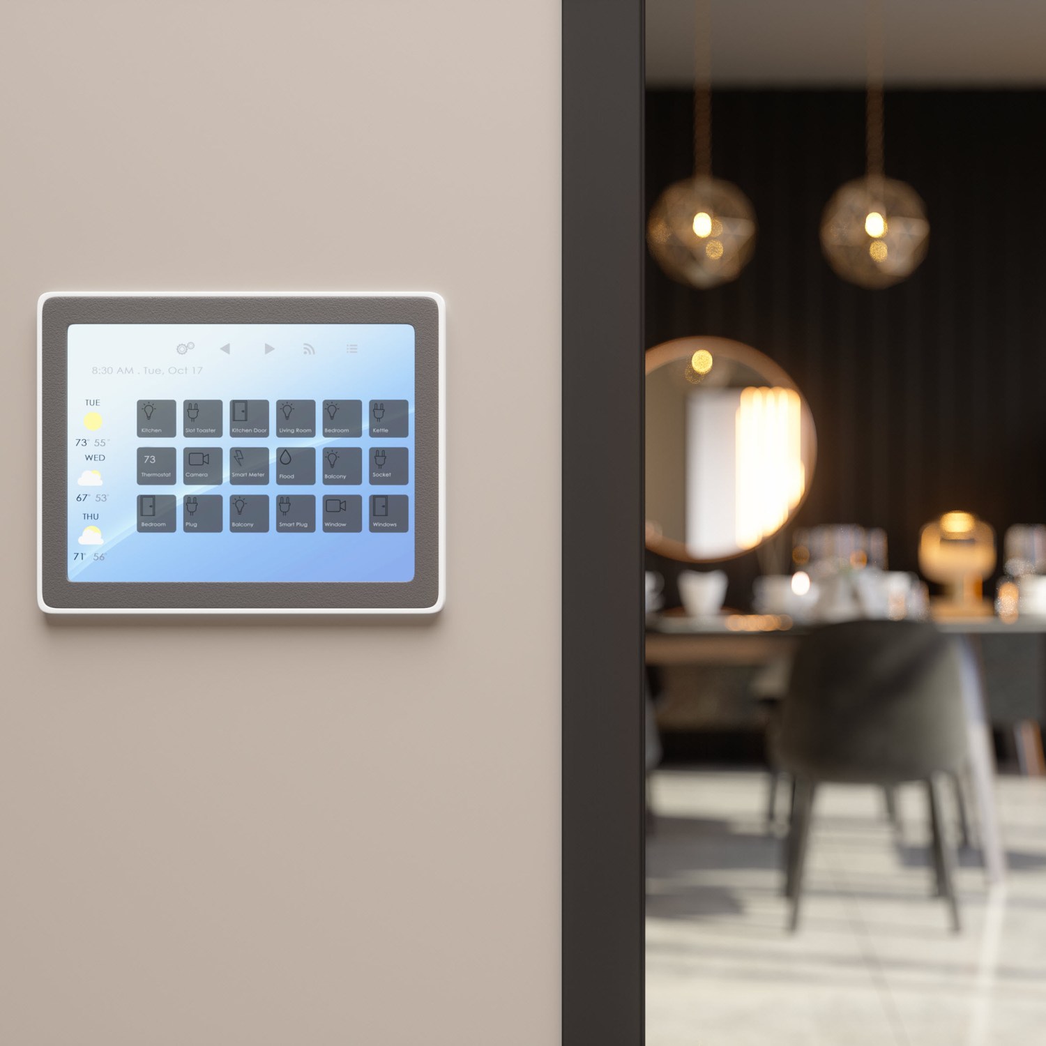 smart home tech selling points control system with icons and dining room