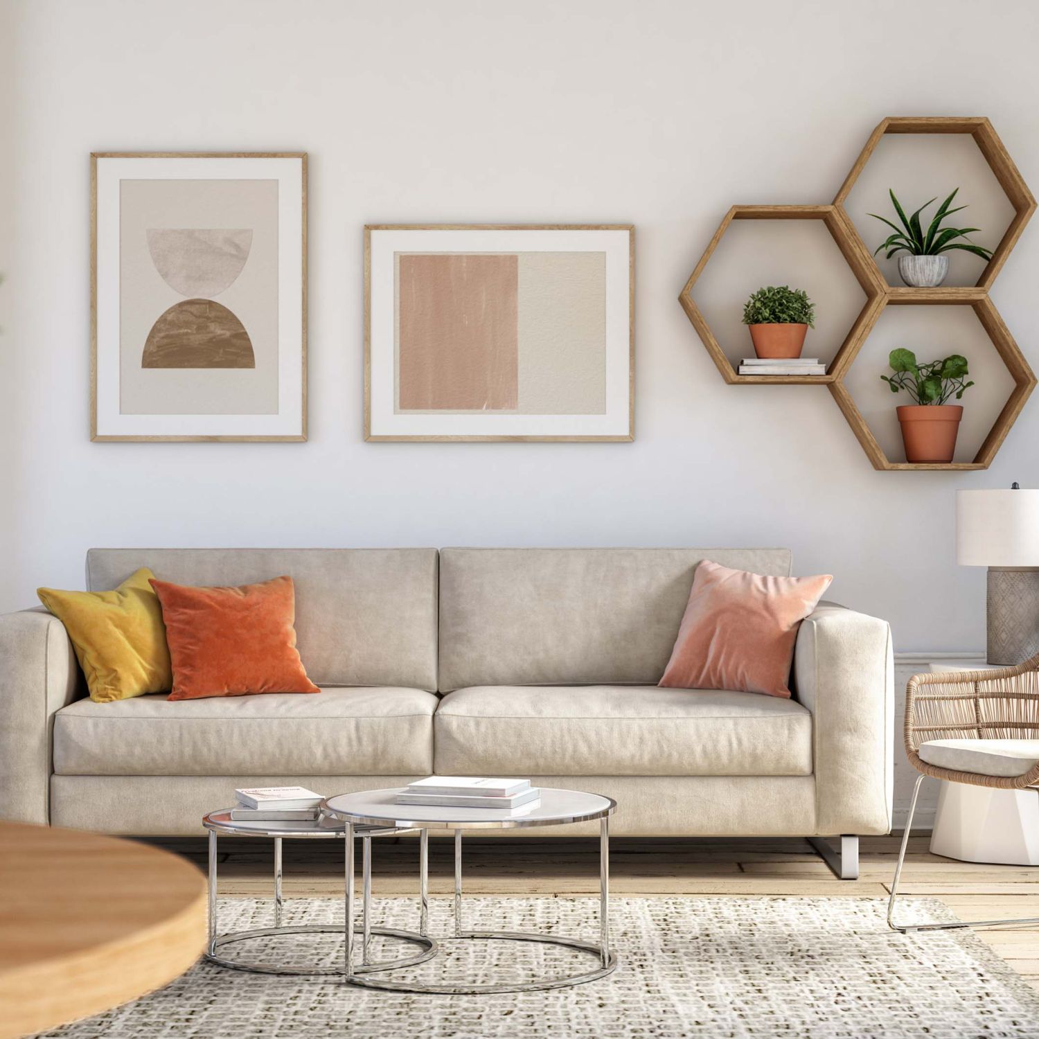 Bohemian living room with a tan couch and houseplants.