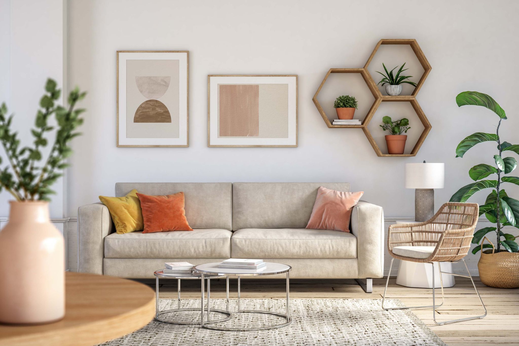 Bohemian living room with a tan couch and houseplants.