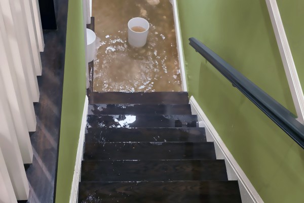 solutions-fixing-wet-basement-flood-water-flowing-down-staircase