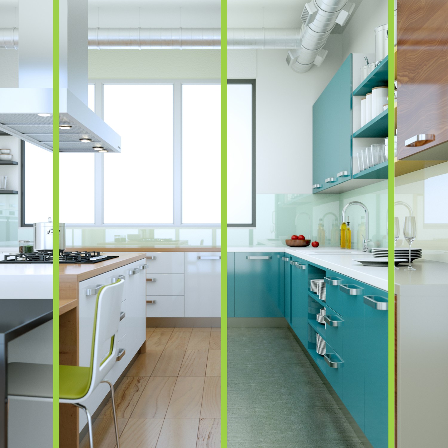 Colorful-kitchen-remodeling-styles-monochrome-green-blue-yellow